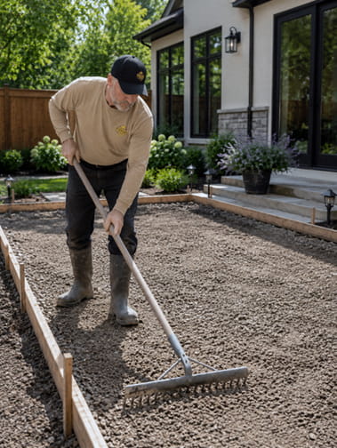 Concrete contractor grading and compacting the base before pouring a backyard concrete patio.