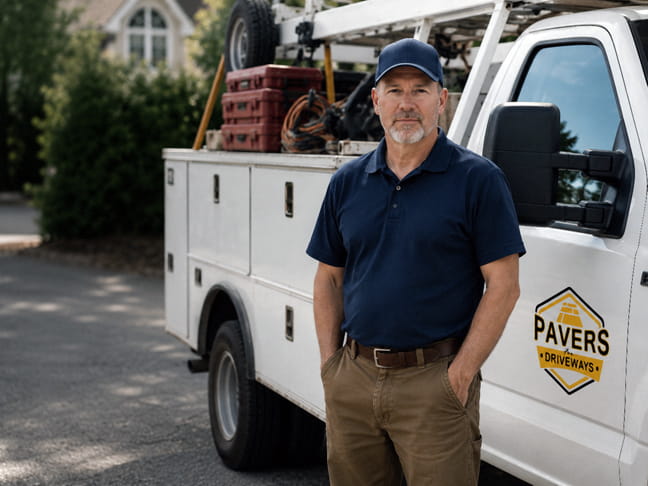 Jim, owner of Pavers For Driveways, standing beside his work truck before a concrete patio project.