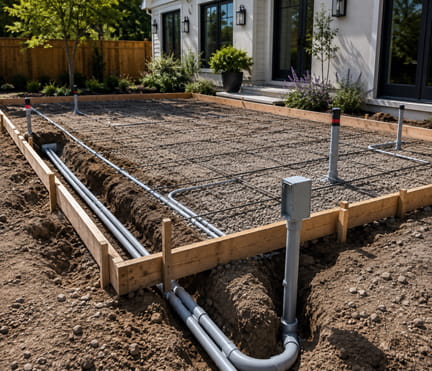 Underground electrical conduit being installed beneath a concrete patio before the pour.