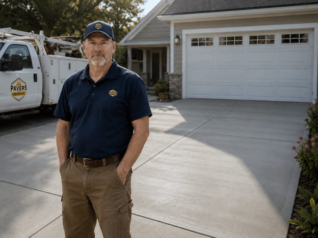Jim, owner of Pavers For Driveways, standing in front of a newly completed residential concrete driveway.