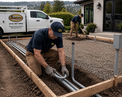 Matt from East Bay Electrician Services installing Schedule 80 PVC electrical conduit before a concrete patio pour.